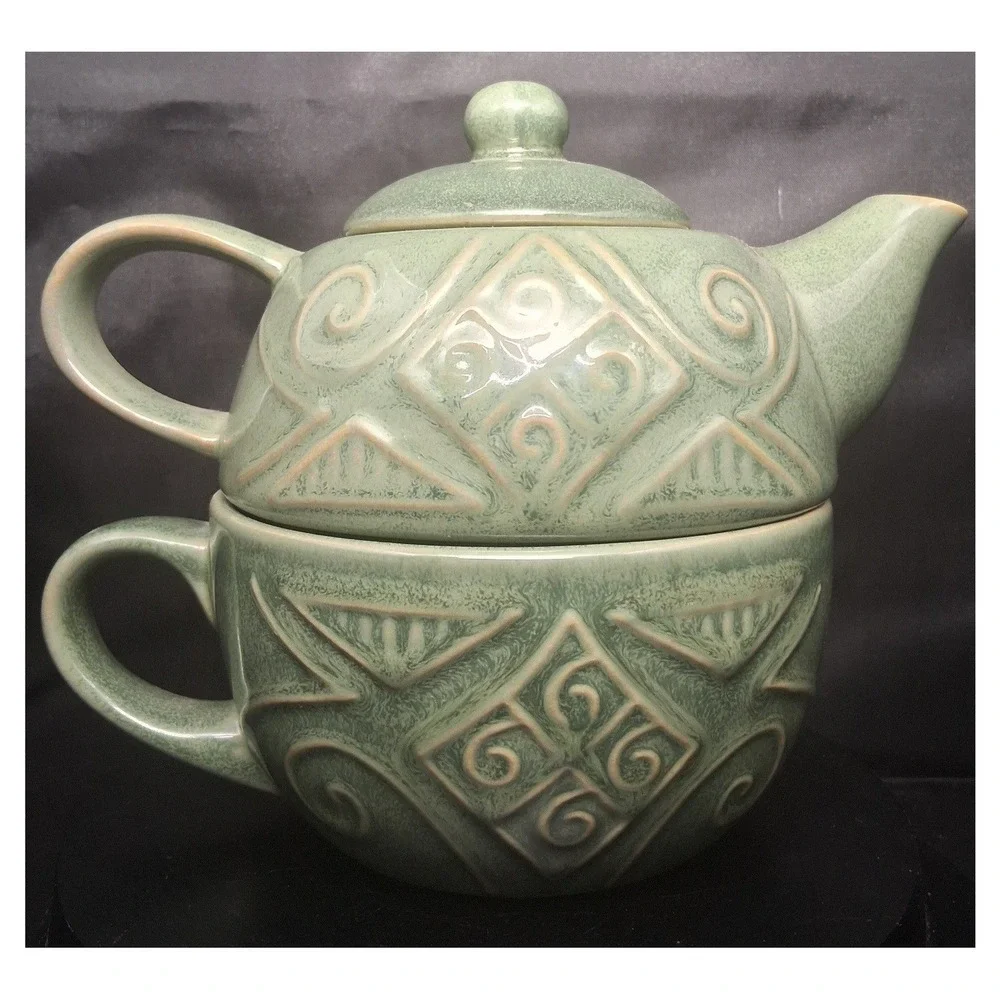 Pier 1 Imports Sage Green Stoneware Tea For One Stacking Teapot and Cup Set